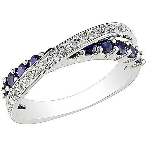 Sterling Silver 7.5 Ct TW Diamond and Blue Sapphire Crossover Fashion Ring I3